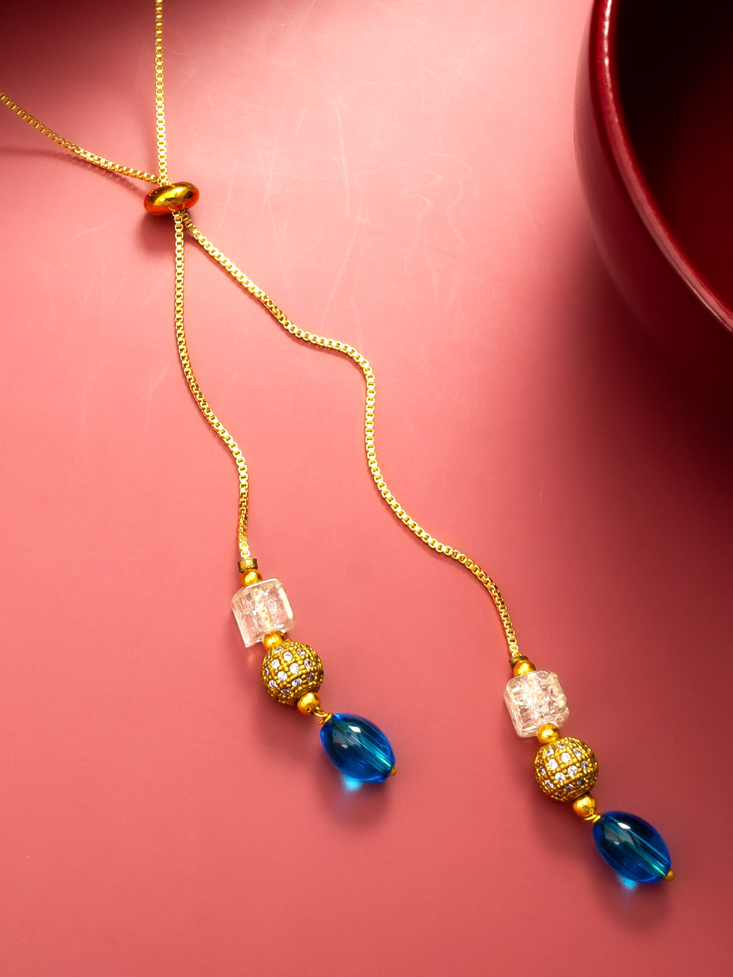 Aadita Gold Plated Lariat Drop Necklace with Blue Onyx and Crystal Beads