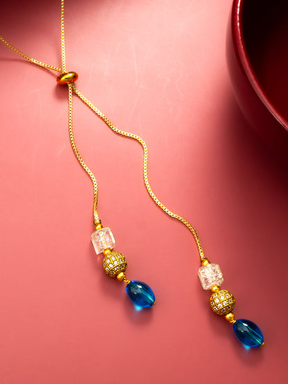 Aadita Gold Plated Lariat Drop Necklace with Blue Onyx and Crystal Beads