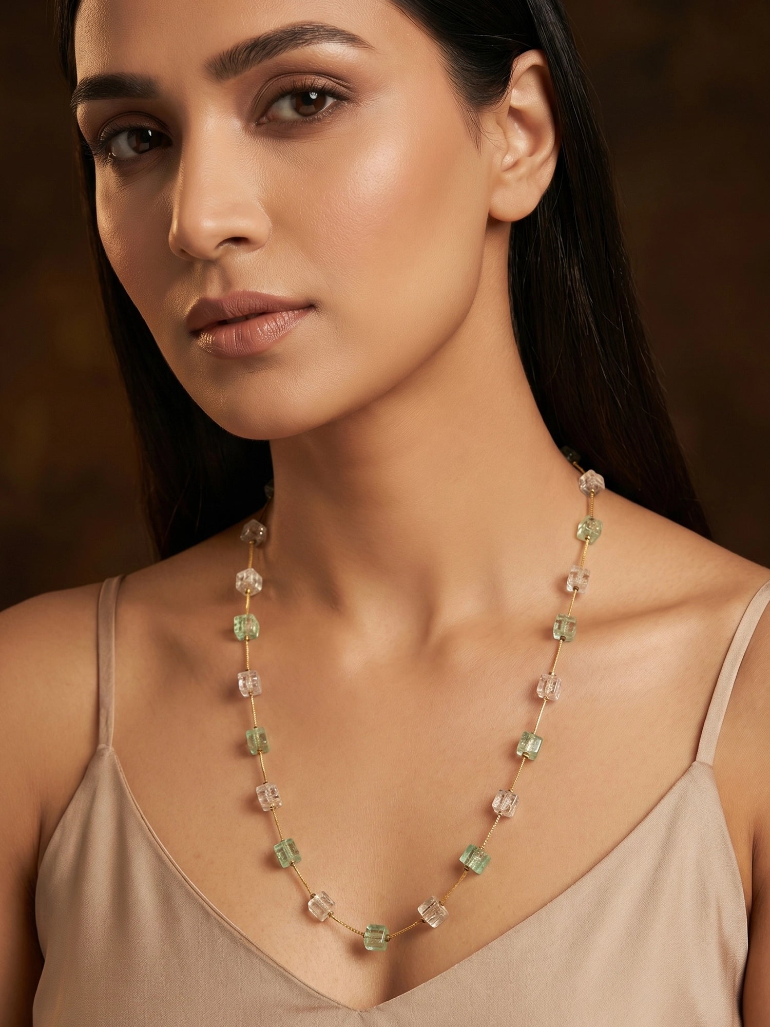 Aadita Gold Plated Green and Clear Crystal Cube Bead Necklace