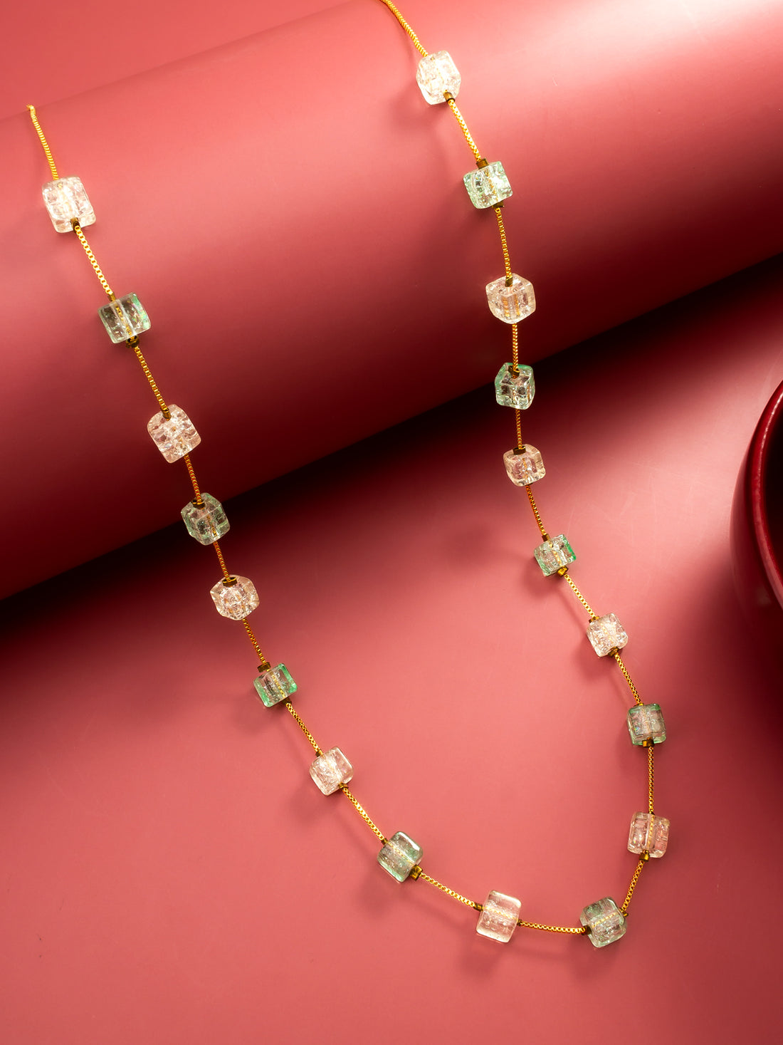 Gold Plated Green and Clear Crystal Cube Bead Necklace