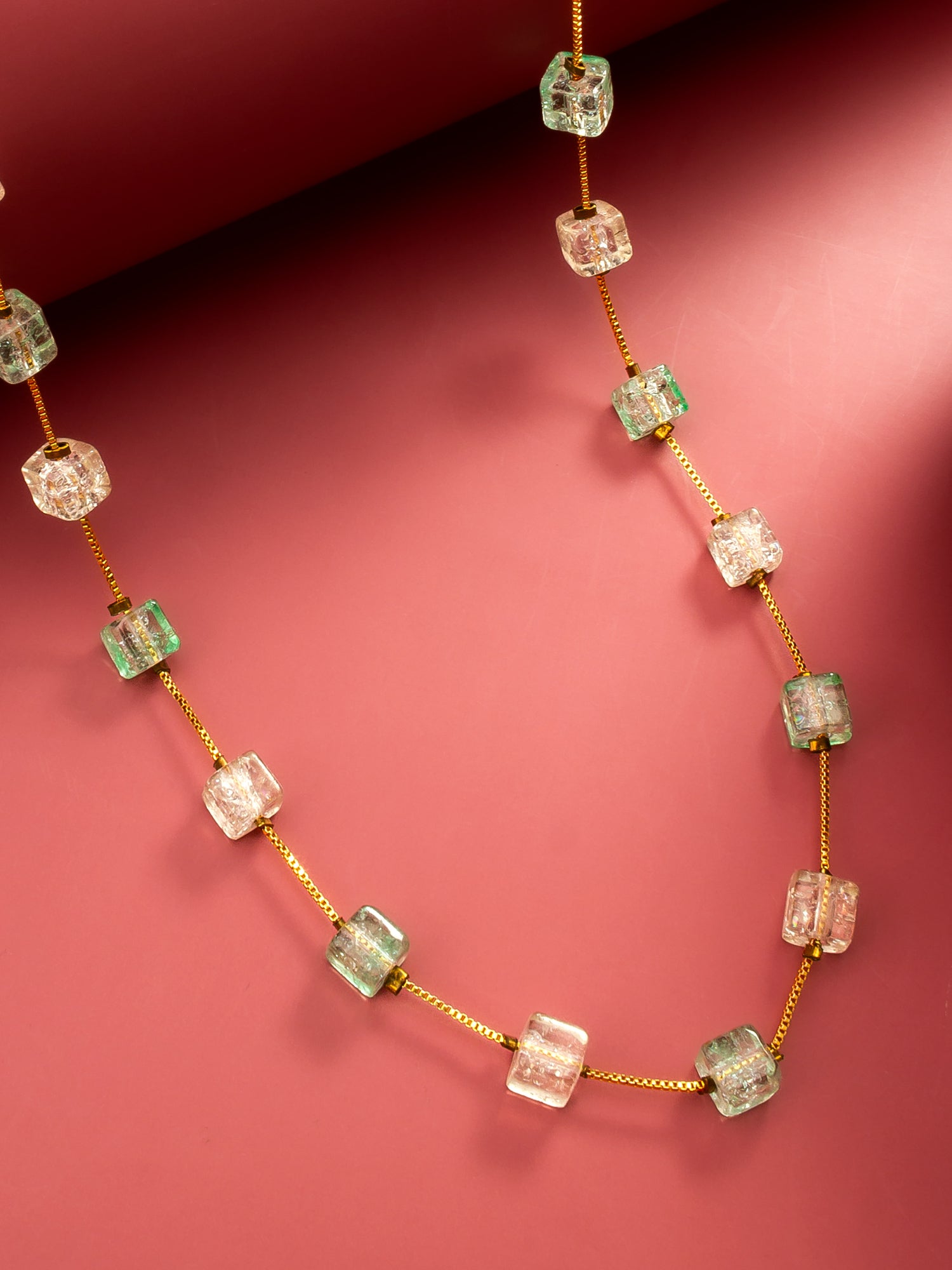 Aadita Gold Plated Green and Clear Crystal Cube Bead Necklace