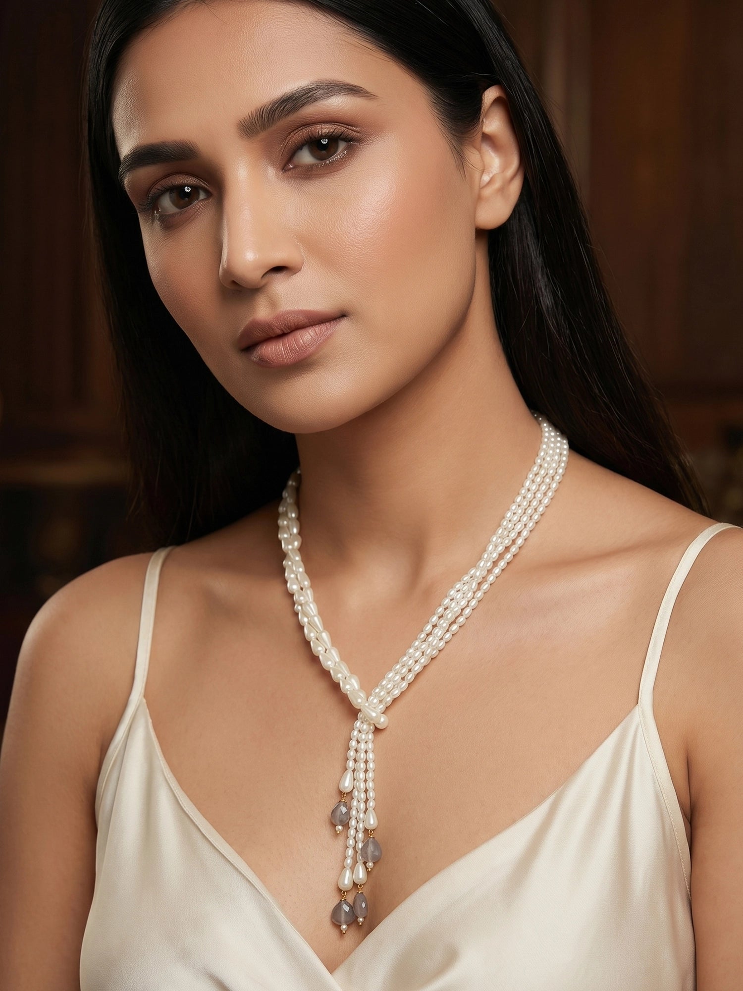Aadita Gold Plated Multi-Strand Pearl Lariat Necklace with Smoky Crystal Drops