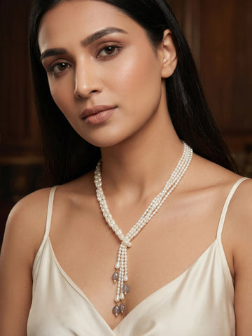 Aadita Gold Plated Multi-Strand Pearl Lariat Necklace with Smoky Crystal Drops
