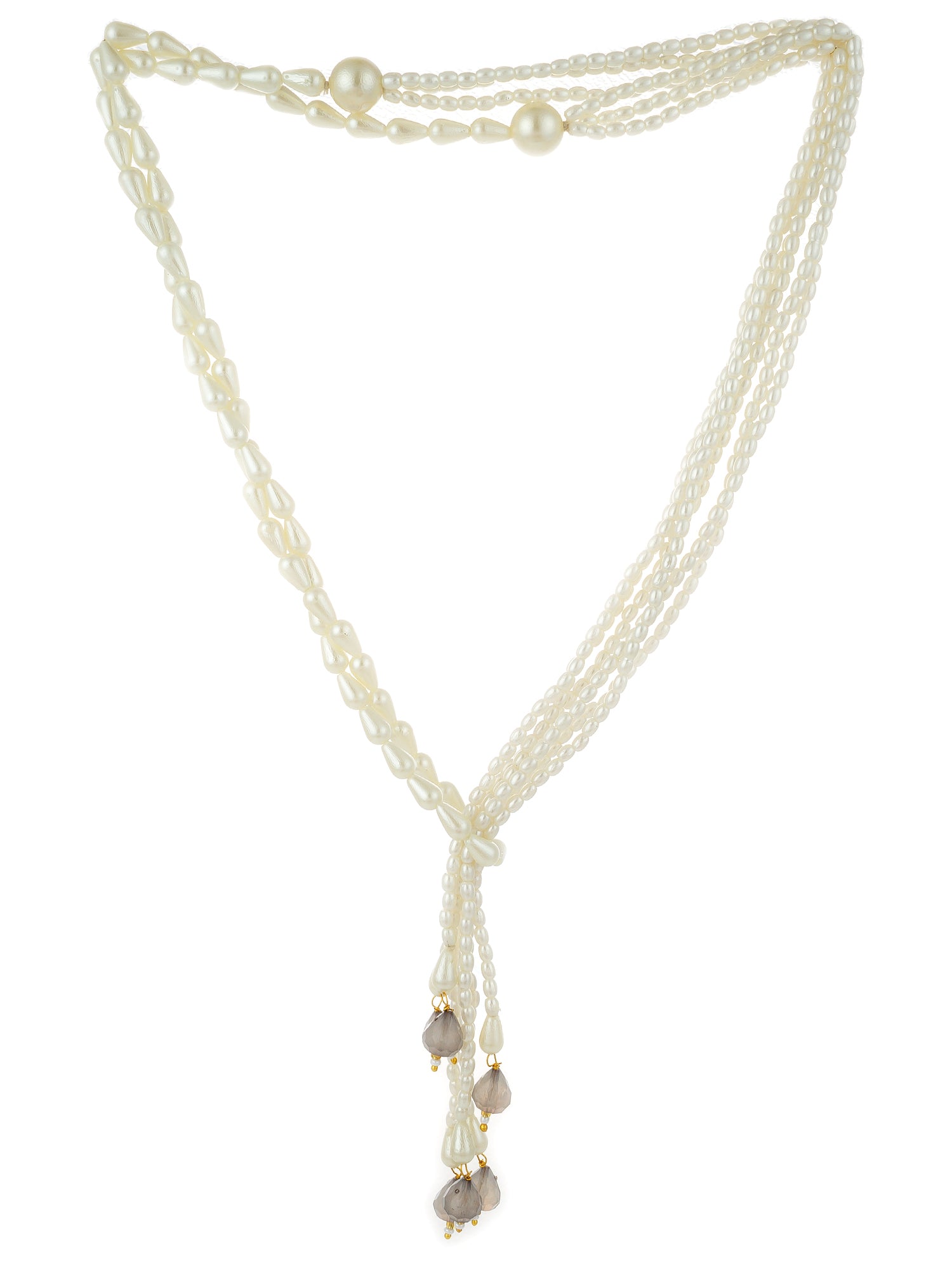 Aadita Gold Plated Multi-Strand Pearl Lariat Necklace with Smoky Crystal Drops