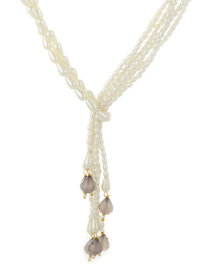 Aadita Gold Plated Multi-Strand Pearl Lariat Necklace with Smoky Crystal Drops