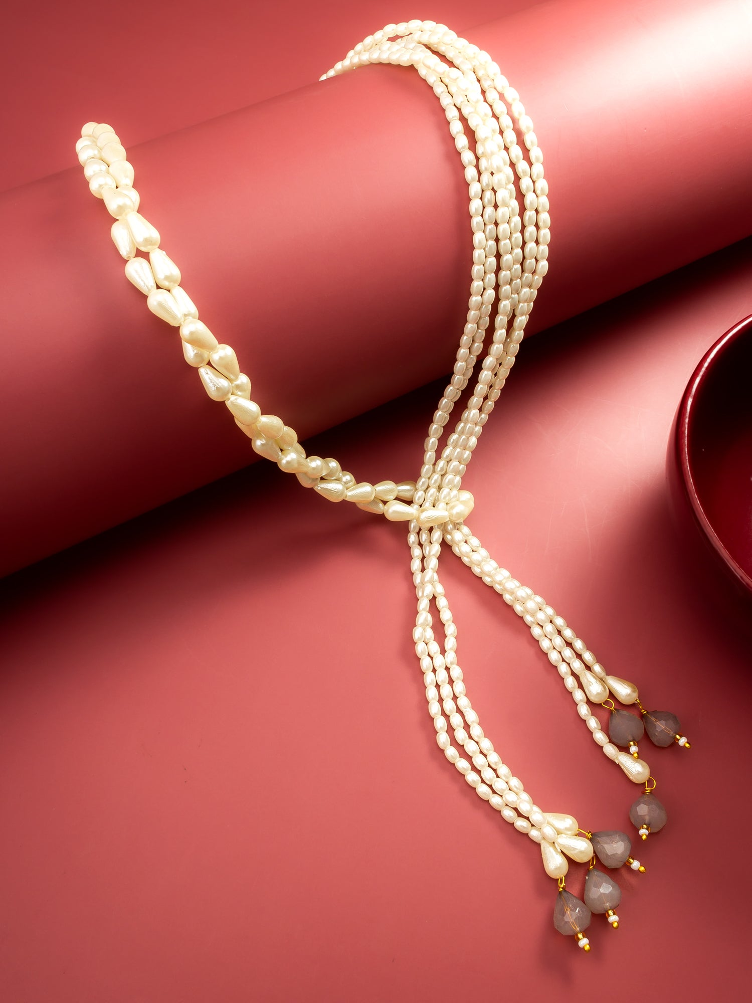 Aadita Gold Plated Multi-Strand Pearl Lariat Necklace with Smoky Crystal Drops
