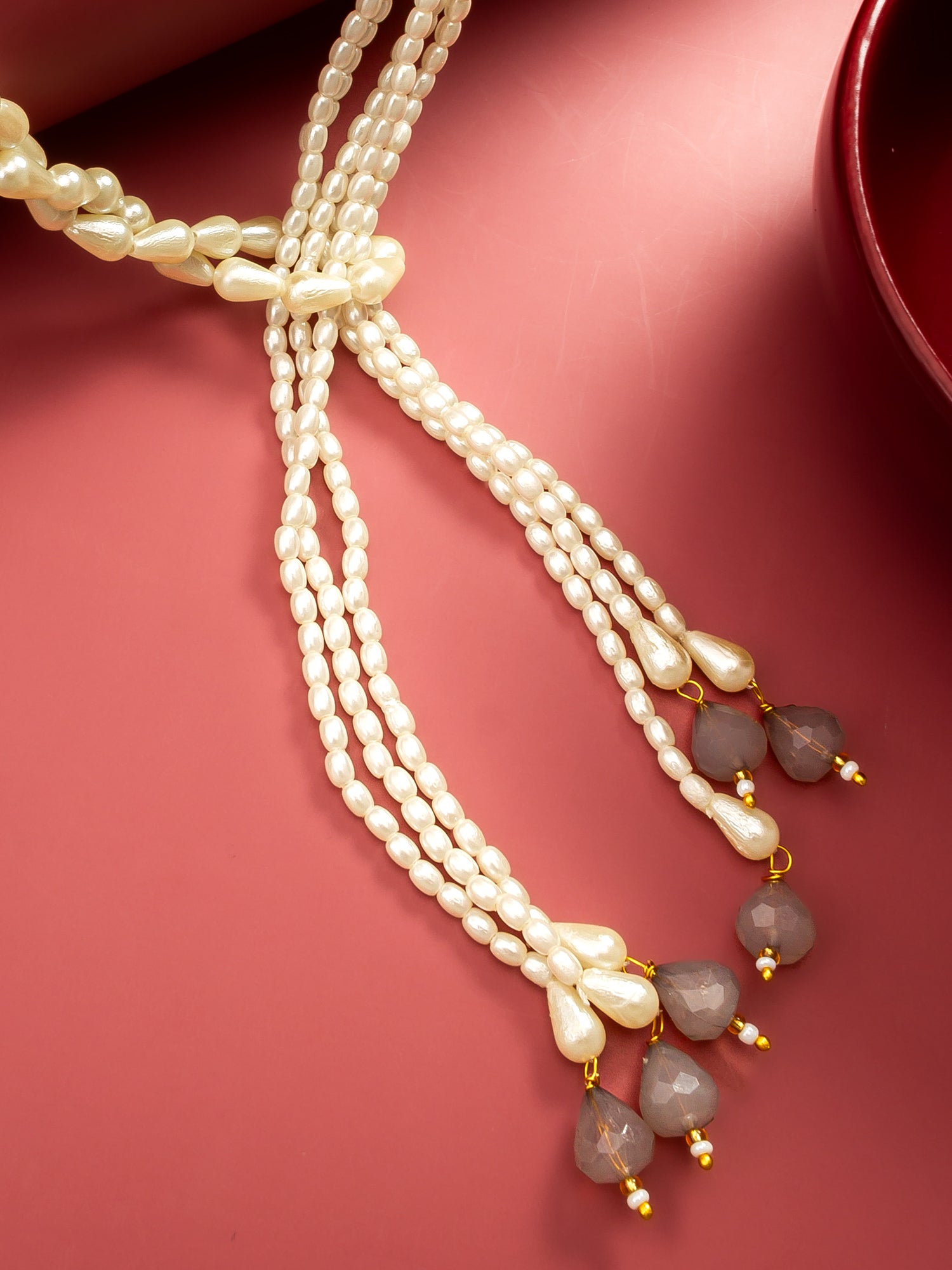 Aadita Gold Plated Multi-Strand Pearl Lariat Necklace with Smoky Crystal Drops