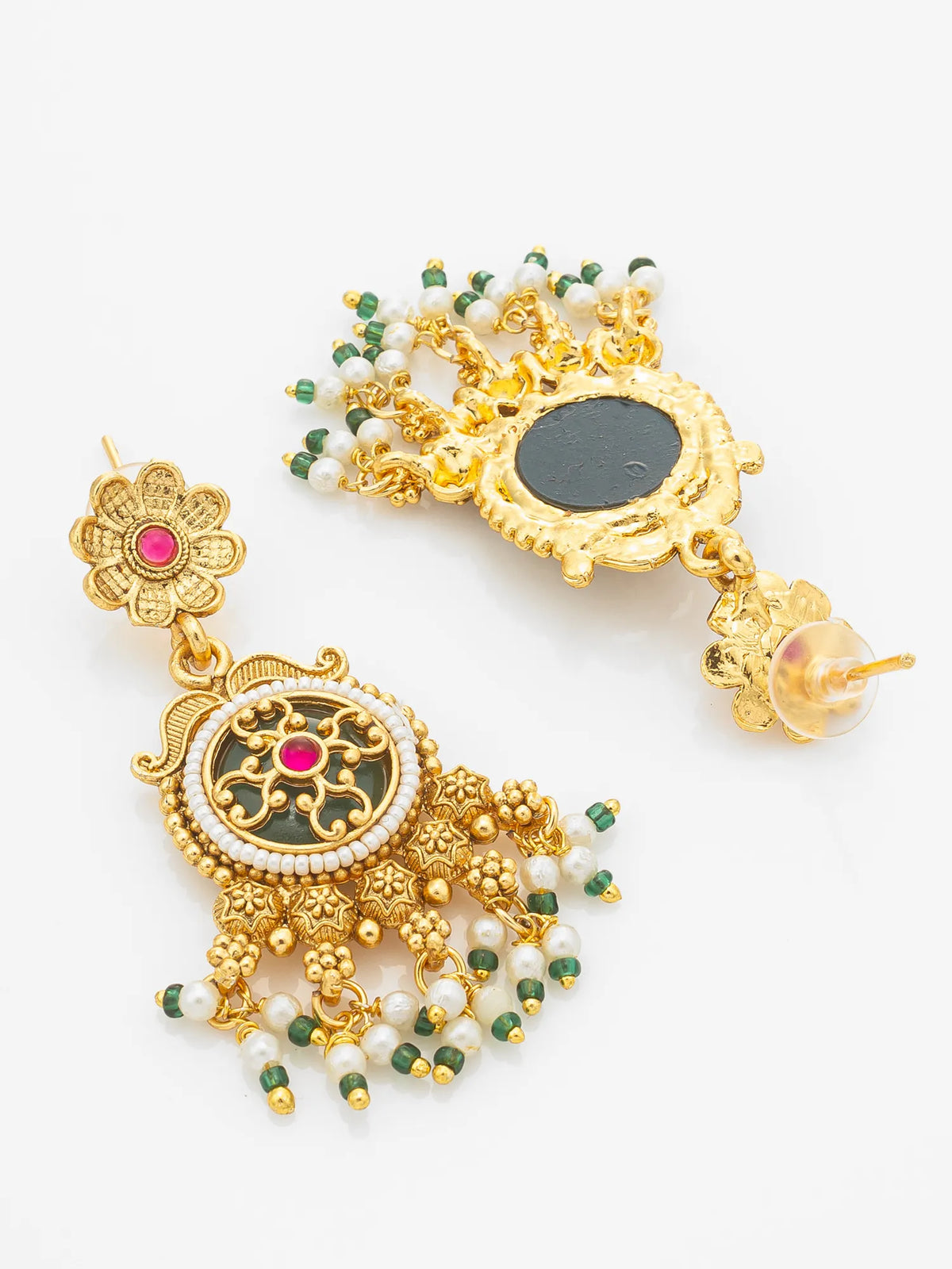 A pair of ornate gold-toned traditional earrings with white pearl-like beads, green accents, and red gemstone details, displayed on a clean white background.