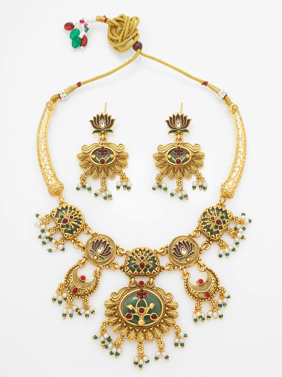 Gold Plated Ethnic Lotus Motif Temple Pearl Necklace Set