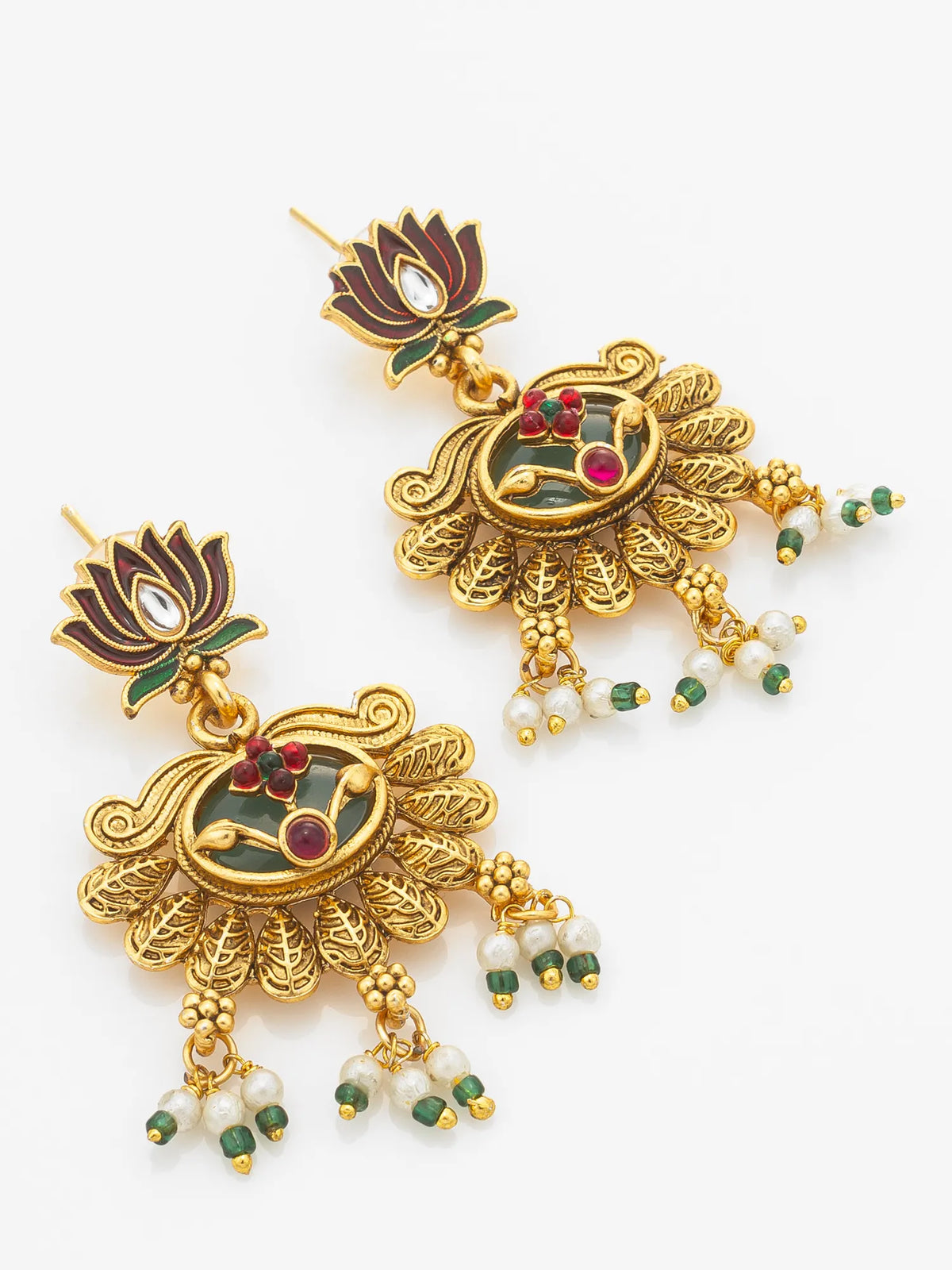 Gold Plated Ethnic Lotus Motif Temple Pearl Necklace Set