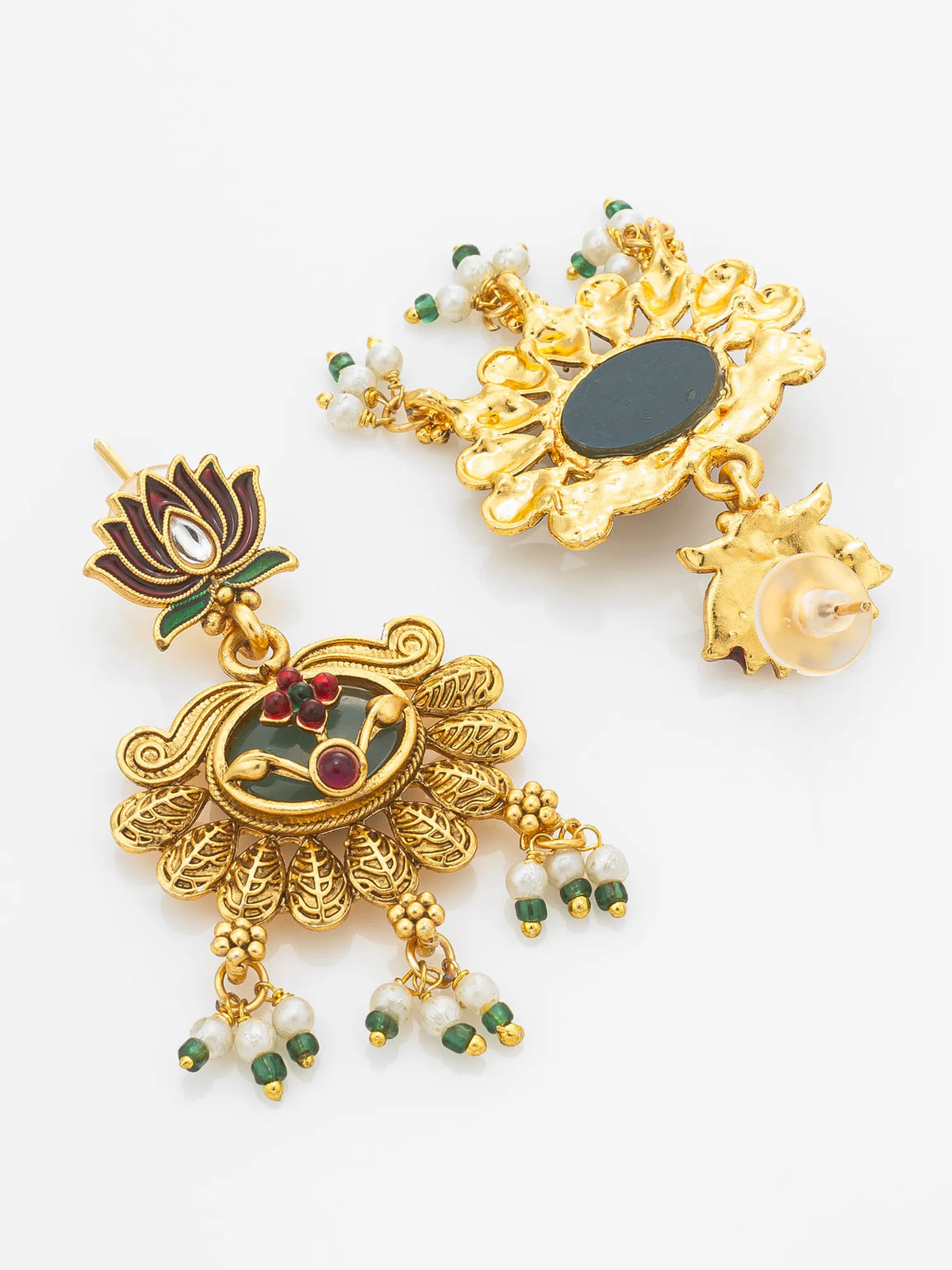 Gold Plated Ethnic Lotus Motif Temple Pearl Necklace Set
