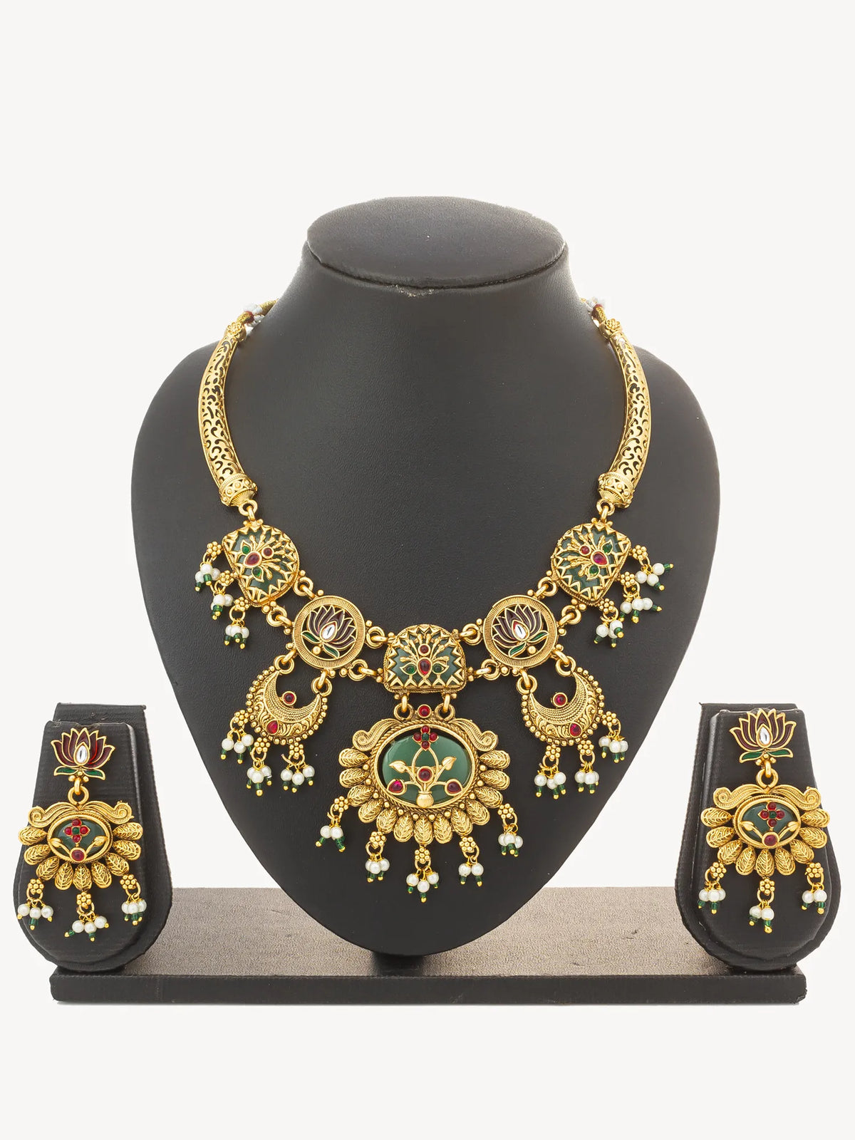 Gold Plated Ethnic Lotus Motif Temple Pearl Necklace Set