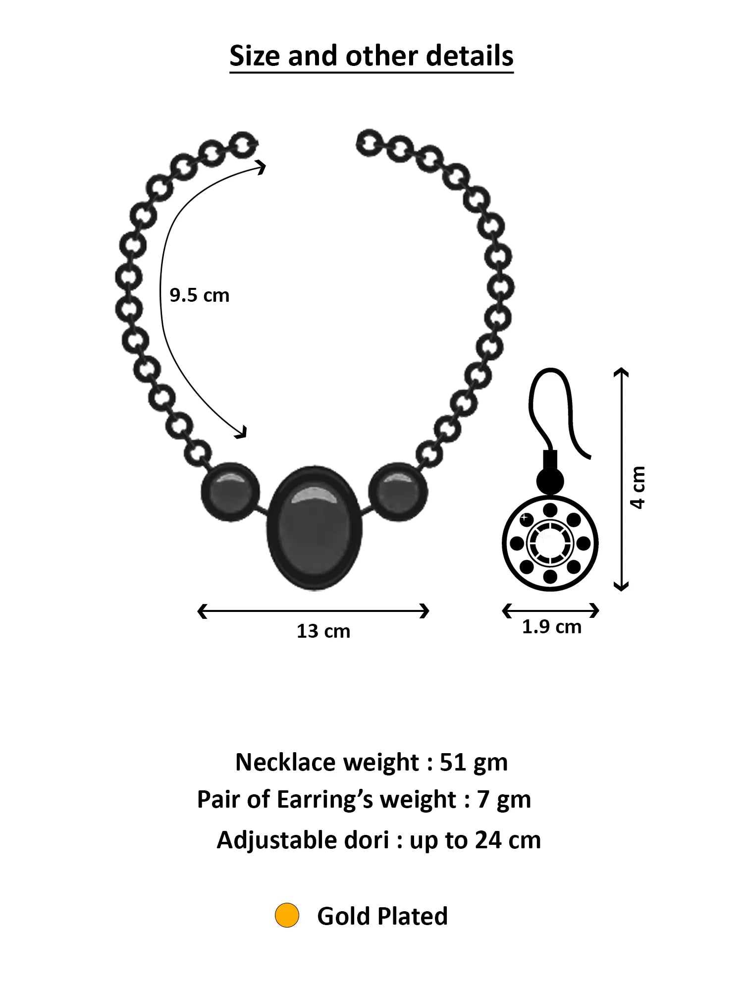 Measurement chart for a necklace and earrings with dimensions and weight details.