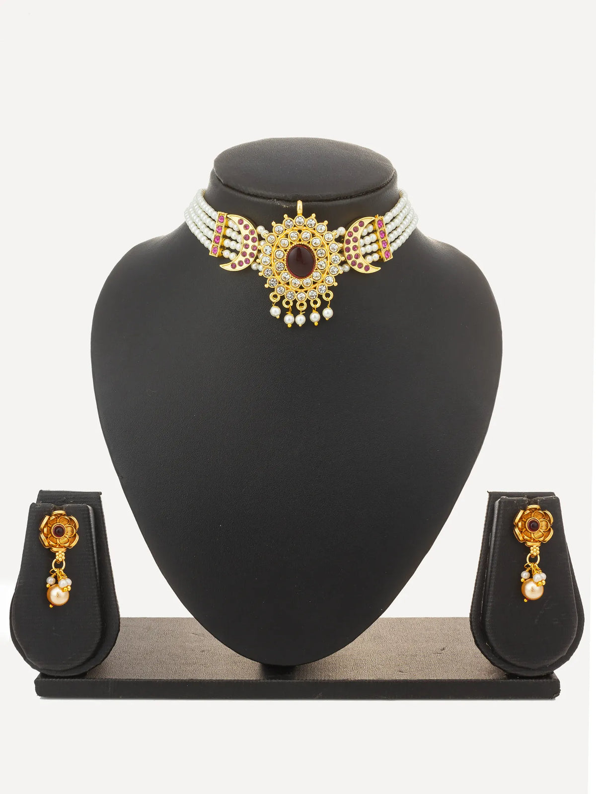 Gold and white beaded jewelry set featuring a choker necklace and matching drop earrings, displayed on a black mannequin bust against a light gray background.