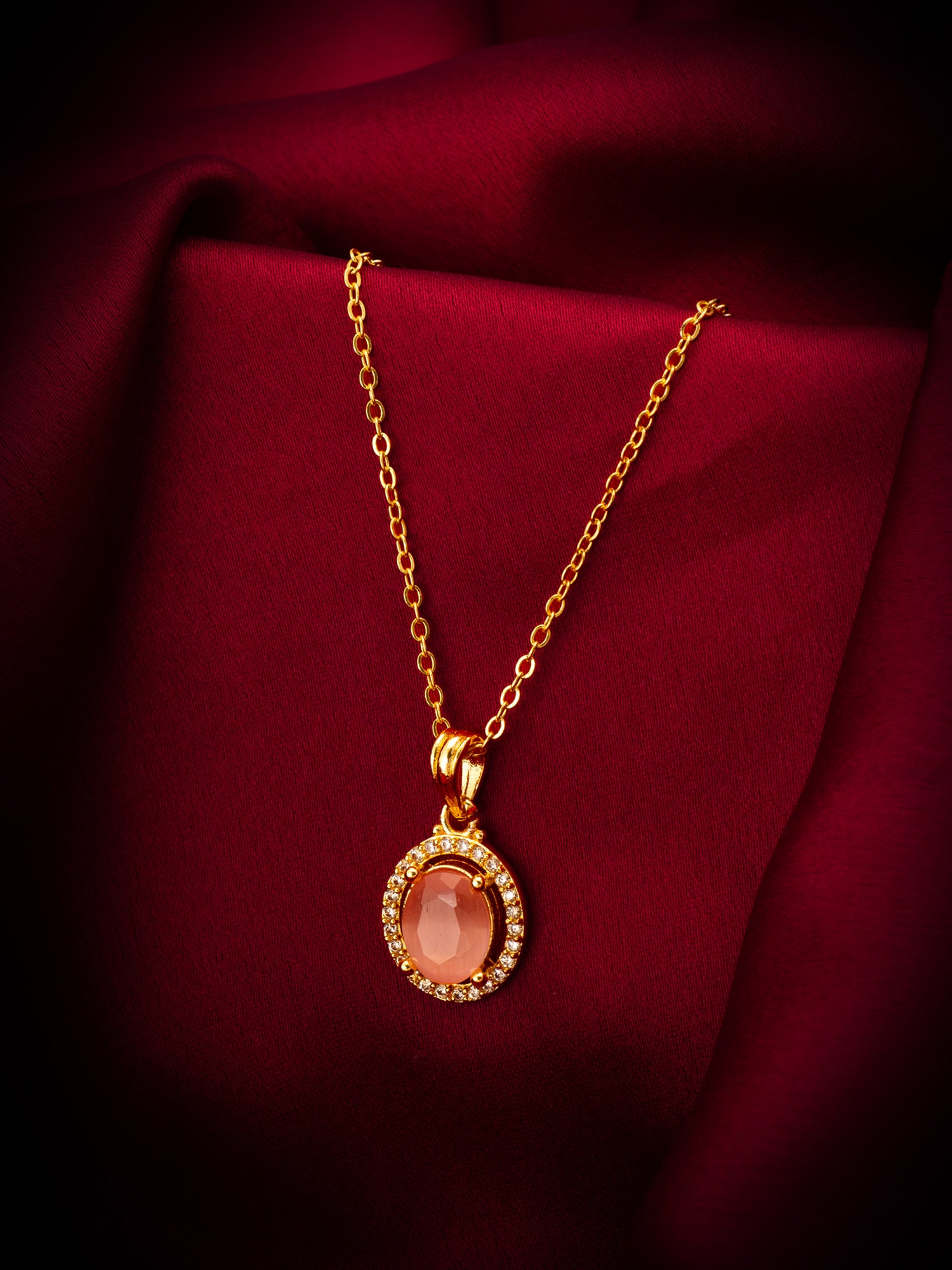 Aadita Gold Plated Oval Pink Stone Halo Pendant Necklace