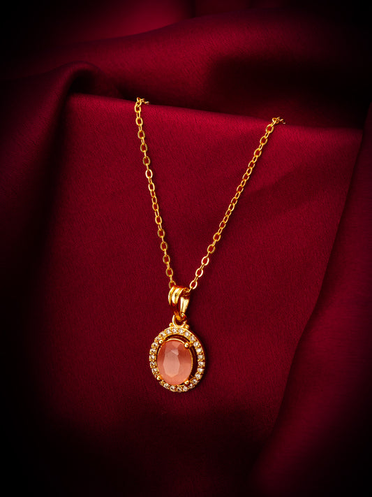 Aadita Gold Plated Oval Pink Stone Halo Pendant Necklace