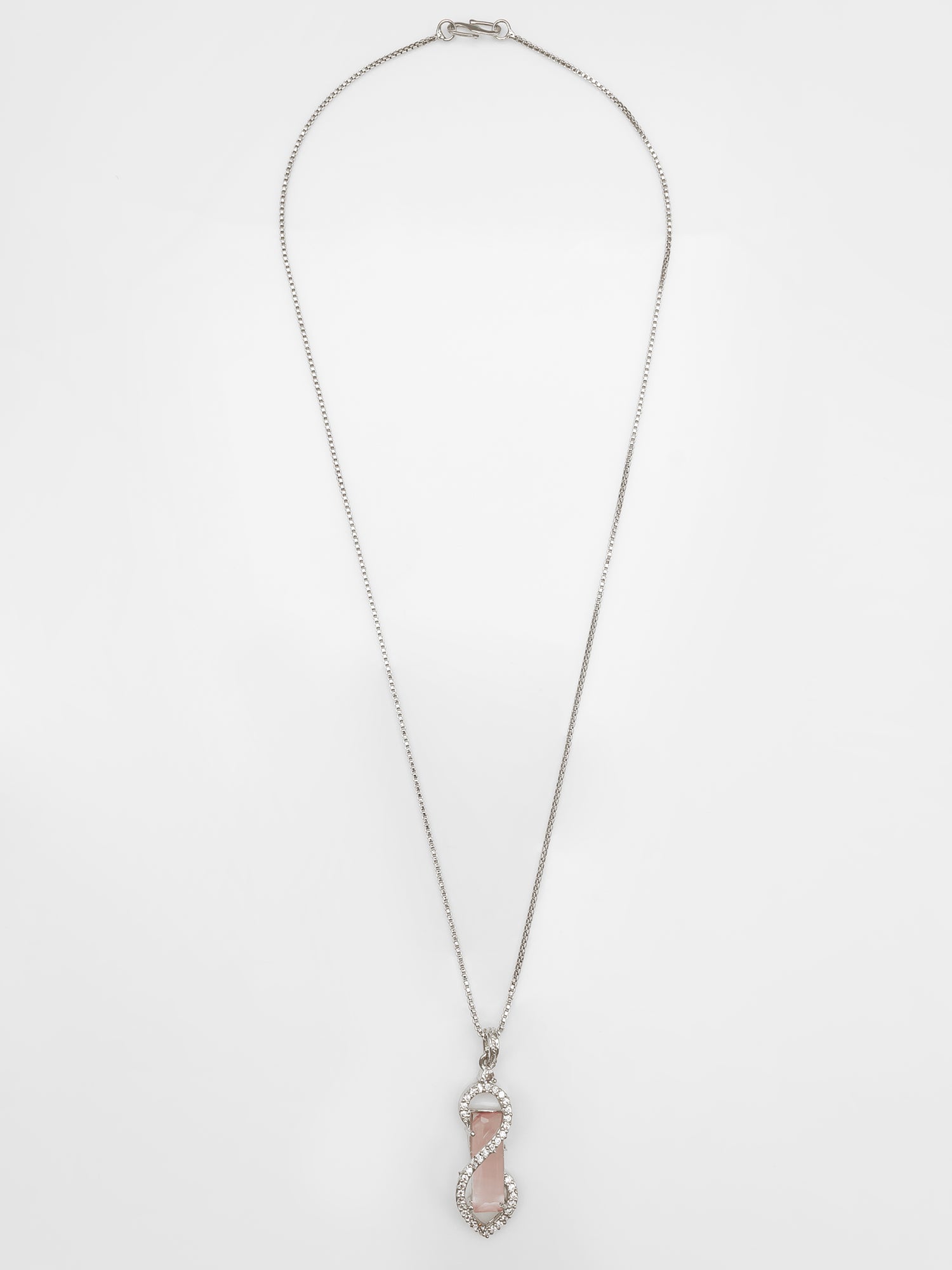 Aadita Silver-Toned Box Chain Pendant with Pink Crystal & Diamond Accents