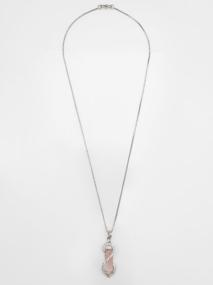Aadita Silver-Toned Box Chain Pendant with Pink Crystal & Diamond Accents