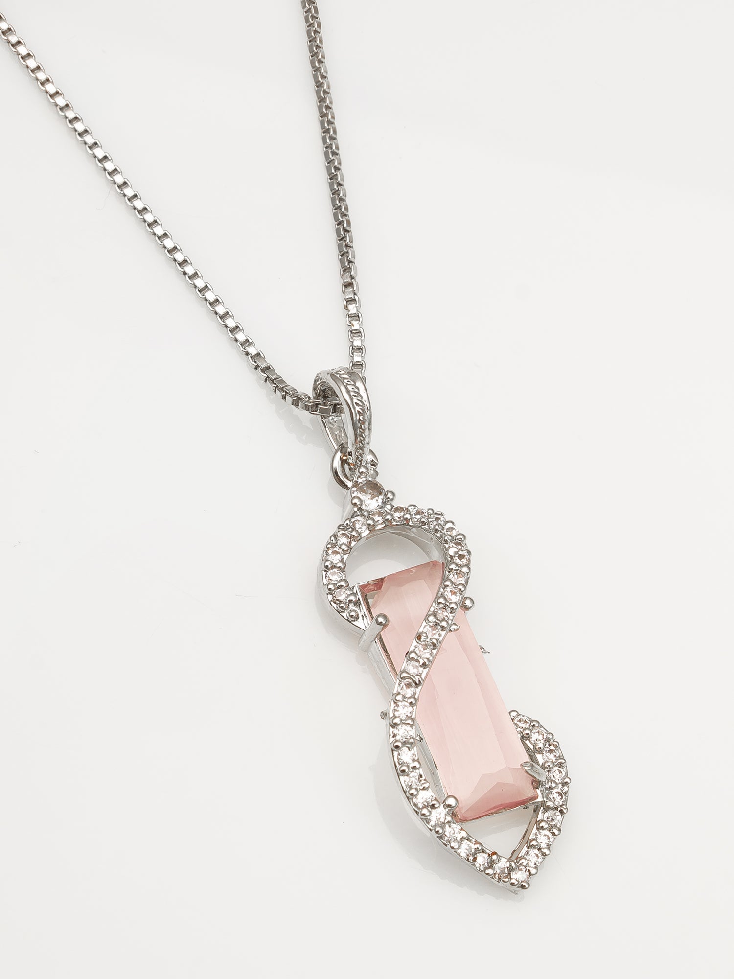Aadita Silver-Toned Box Chain Pendant with Pink Crystal & Diamond Accents