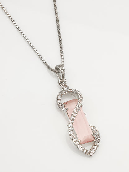 Aadita Silver-Toned Box Chain Pendant with Pink Crystal & Diamond Accents