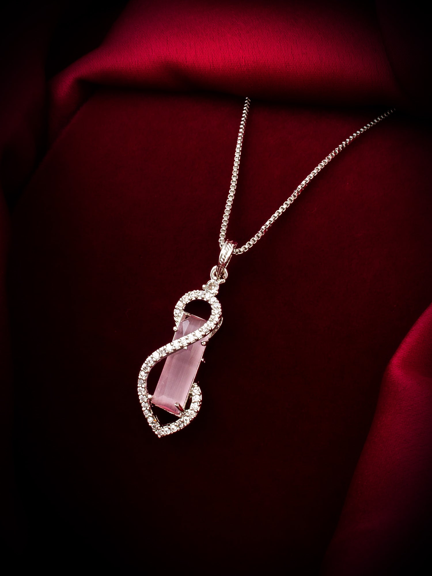 Aadita Silver-Toned Box Chain Pendant with Pink Crystal & Diamond Accents