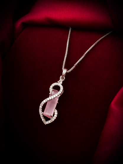 Aadita Silver-Toned Box Chain Pendant with Pink Crystal & Diamond Accents
