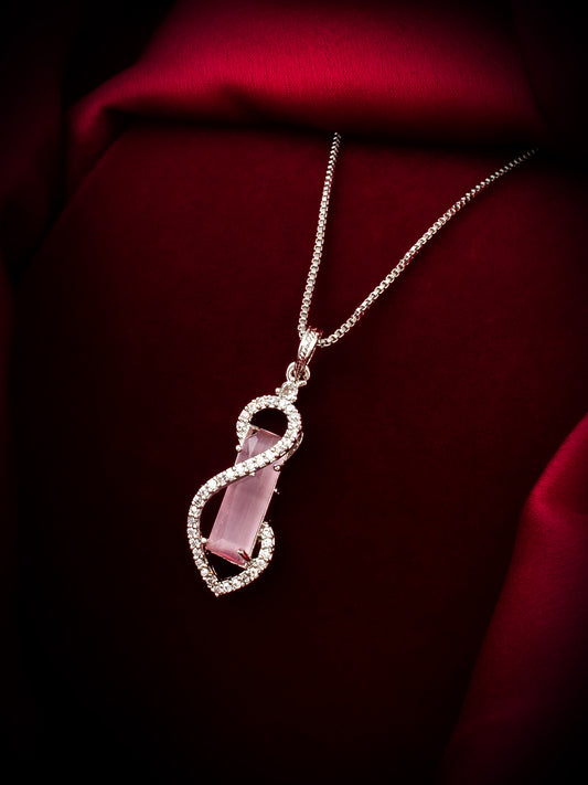 Aadita Silver-Toned Box Chain Pendant with Pink Crystal & Diamond Accents