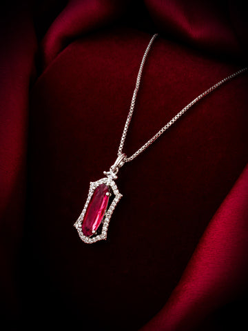 Aadita Silver-Plated Red Stone Designer Pendant Chain for Women & Girls