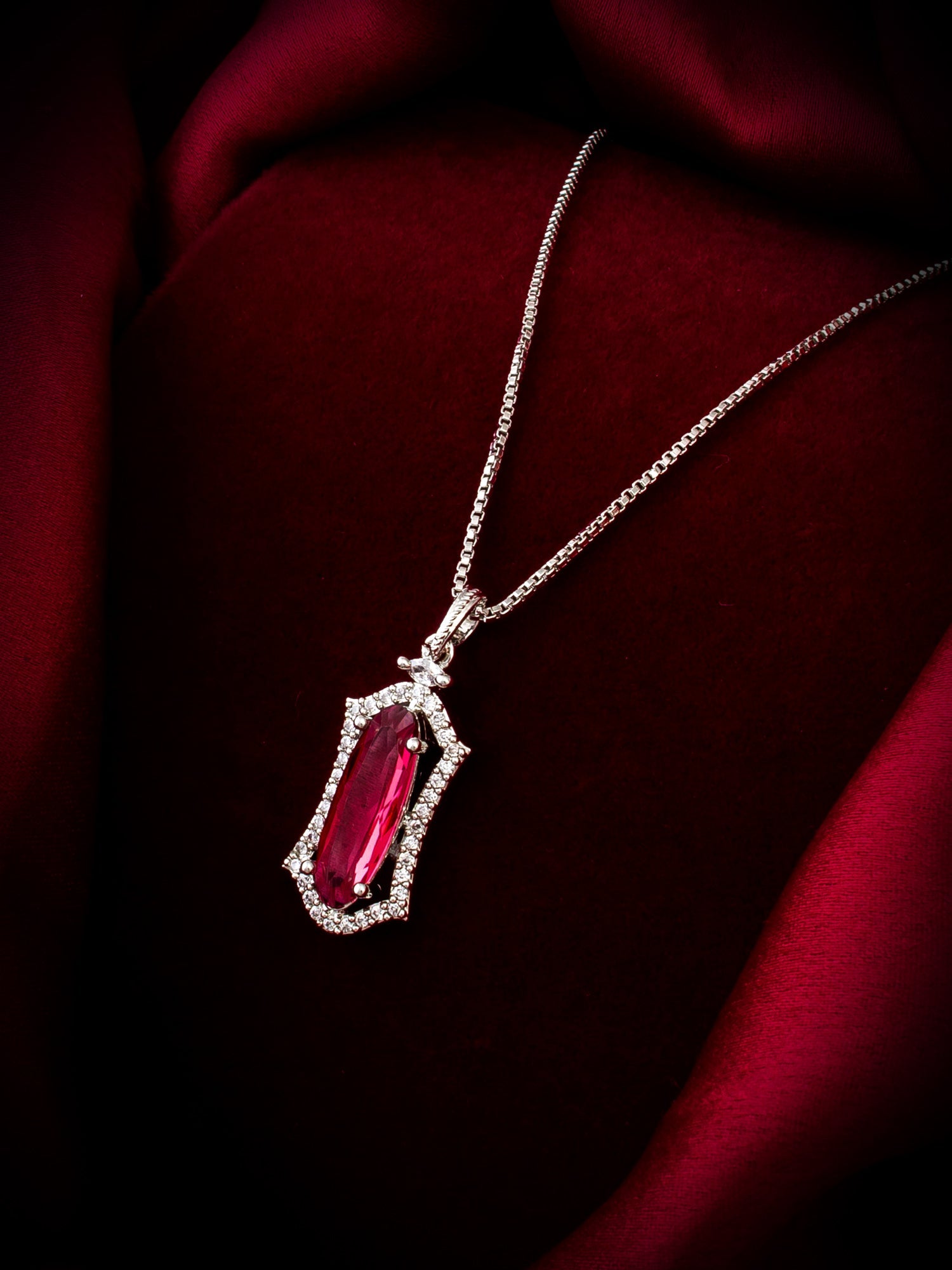 Aadita Silver-Plated Red Stone Designer Pendant Chain for Women & Girls WPD2261