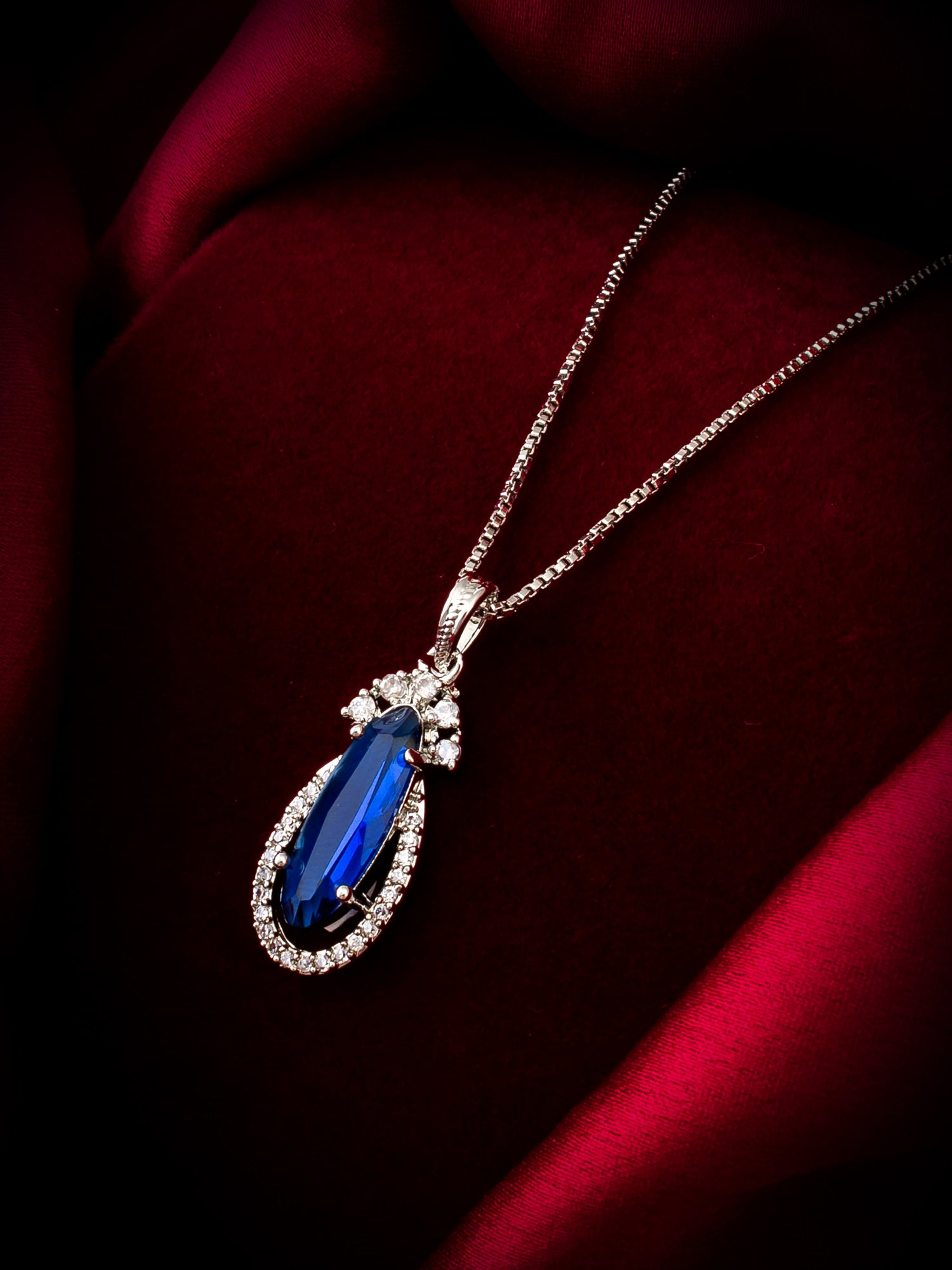 Aadita Silver-Plated Blue Stone Pendant Chain for Women & Girls