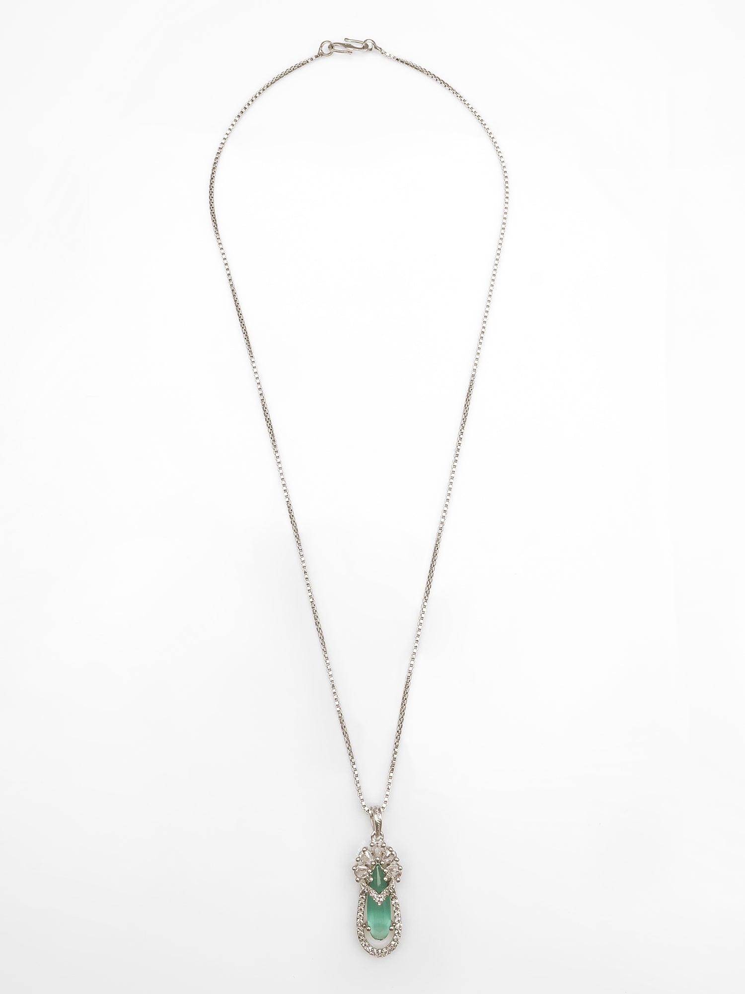 Aadita Silver-Plated Green Stone Pendant Chain for Women & Girls