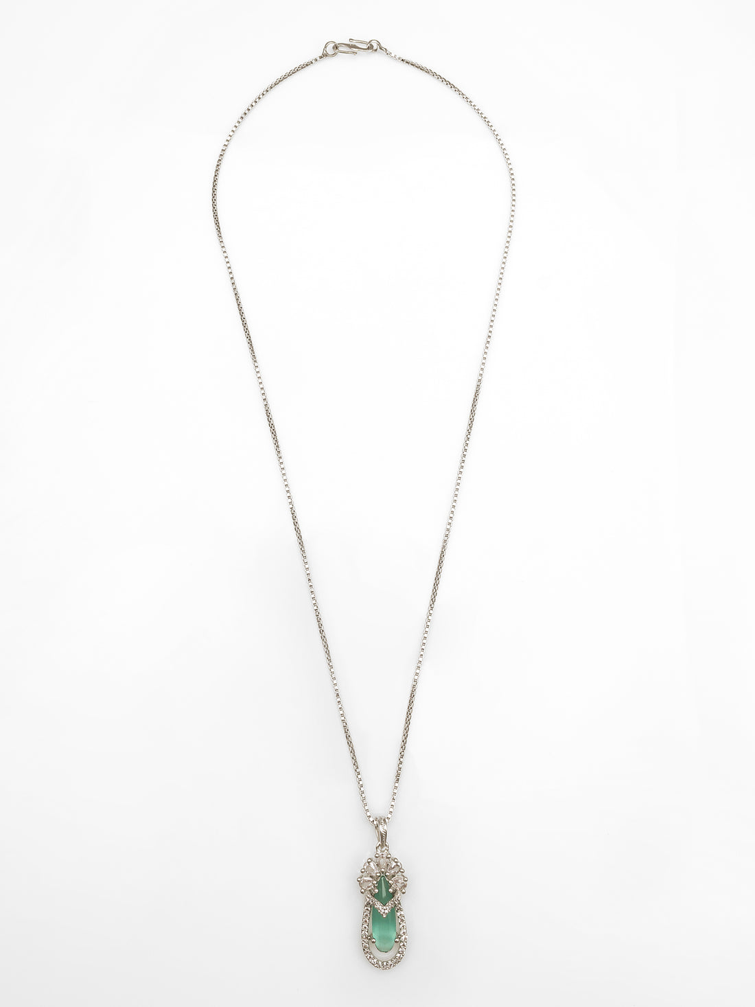 Aadita Silver-Plated Green Stone Pendant Chain for Women & Girls