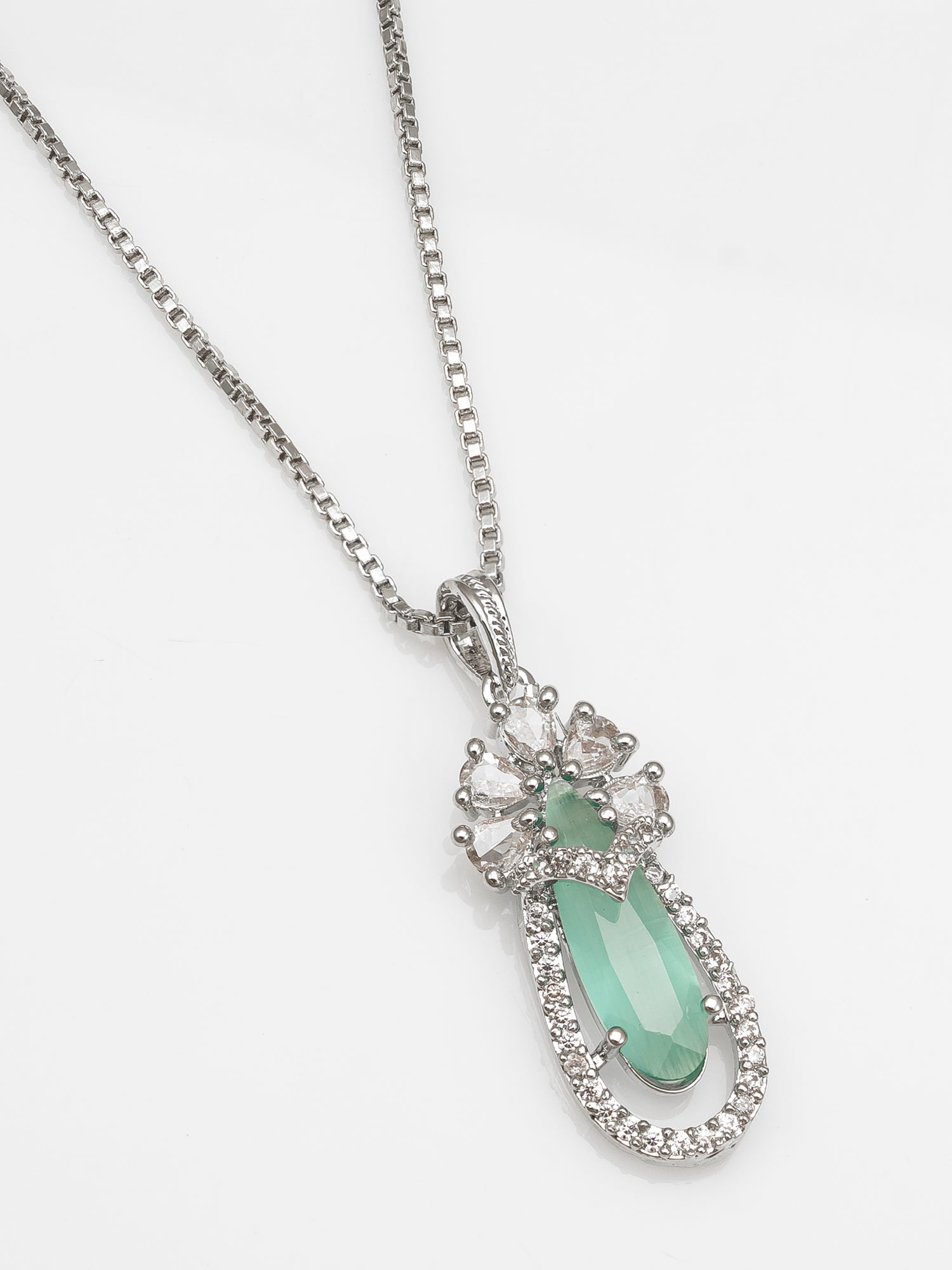 Aadita Silver-Plated Green Stone Pendant Chain for Women & Girls