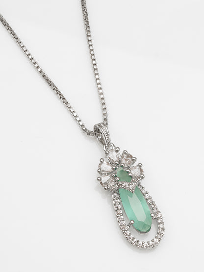 Aadita Silver-Plated Green Stone Pendant Chain for Women & Girls