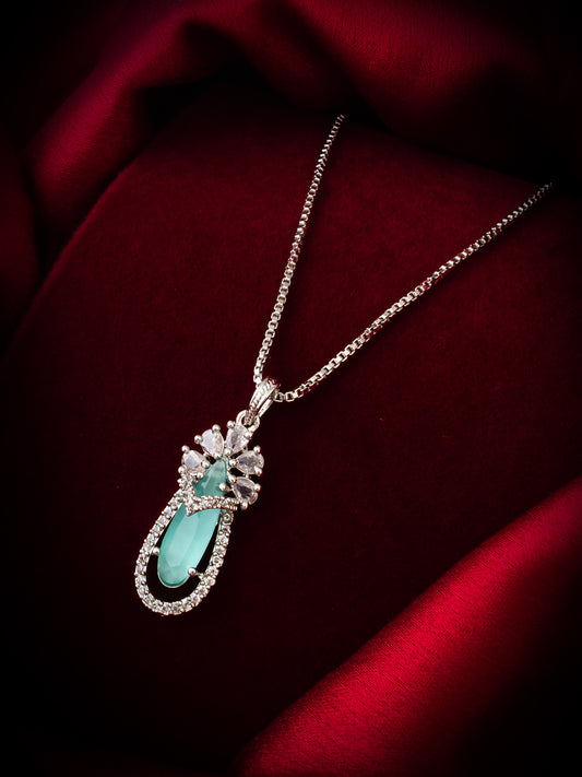 Aadita Silver-Plated Green Stone Pendant Chain for Women & Girls