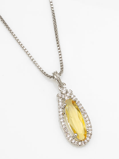 Aadita Silver-Plated Yellow Crystal Pendant Chain for Women & Girls