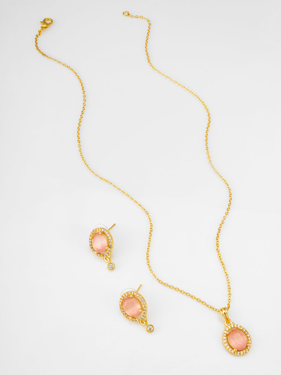 Aadita Gold Plated Peach Oval Stone Pendant Necklace and Earrings Set