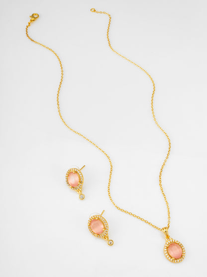 Aadita Gold Plated Peach Oval Stone Pendant Necklace and Earrings Set