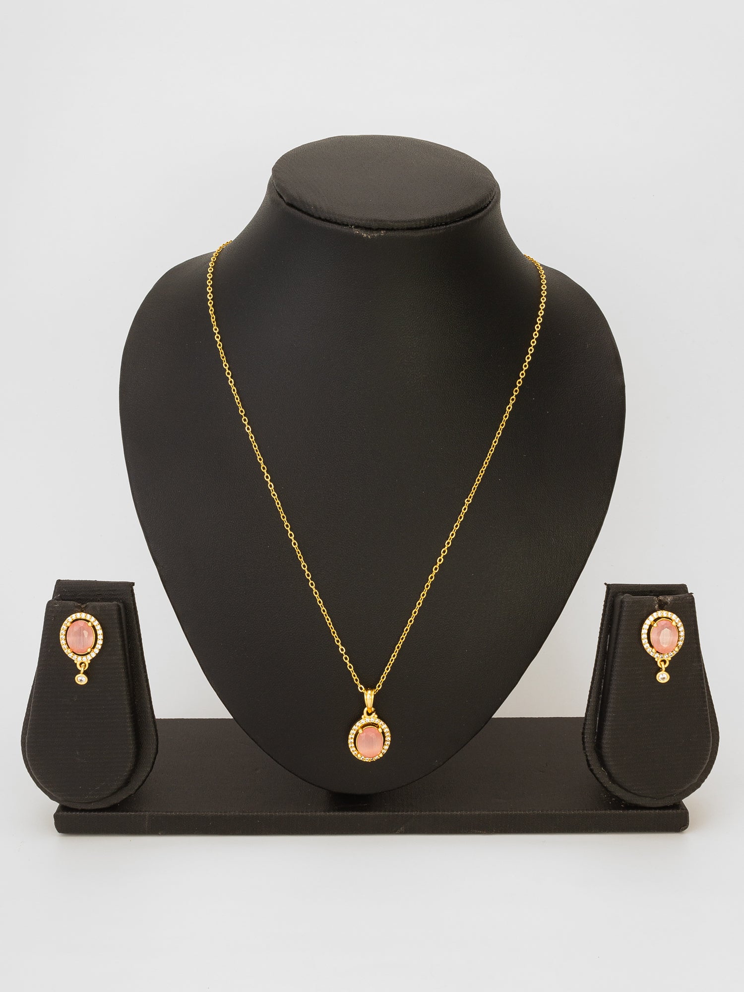 Aadita Gold Plated Peach Oval Stone Pendant Necklace and Earrings Set