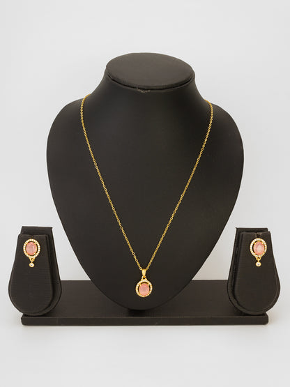 Aadita Gold Plated Peach Oval Stone Pendant Necklace and Earrings Set