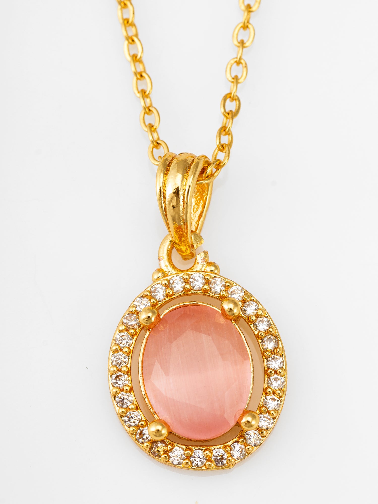 Aadita Gold Plated Peach Oval Stone Pendant Necklace and Earrings Set