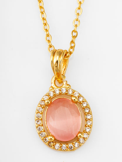 Aadita Gold Plated Peach Oval Stone Pendant Necklace and Earrings Set