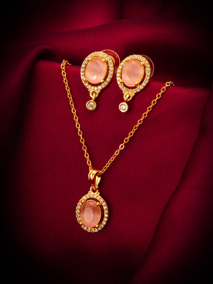 Aadita Gold Plated Peach Oval Stone Pendant Necklace and Earrings Set