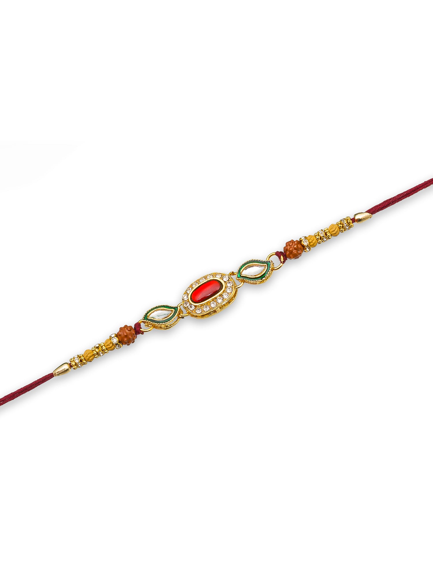 Aadita Designer Red Bead Rakhi with Rudraksh & AD Stones