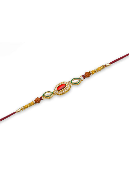 Aadita Designer Red Bead Rakhi with Rudraksh & AD Stones