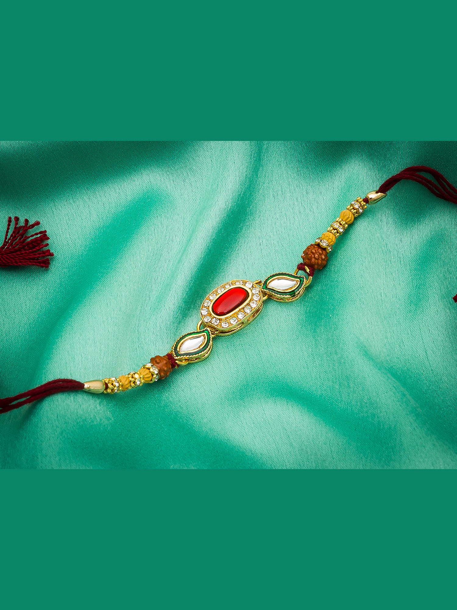 Aadita Designer Red Bead Rakhi with Rudraksh & AD Stones