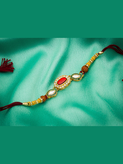 Aadita Designer Red Bead Rakhi with Rudraksh & AD Stones