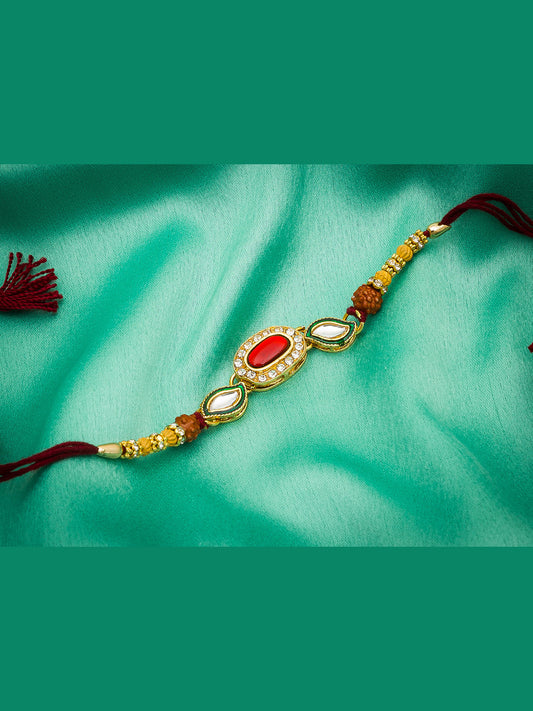 Aadita Designer Red Bead Rakhi with Rudraksh & AD Stones