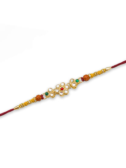 Aadita Floral Kundan Rakhi with Rudraksh & Red Thread