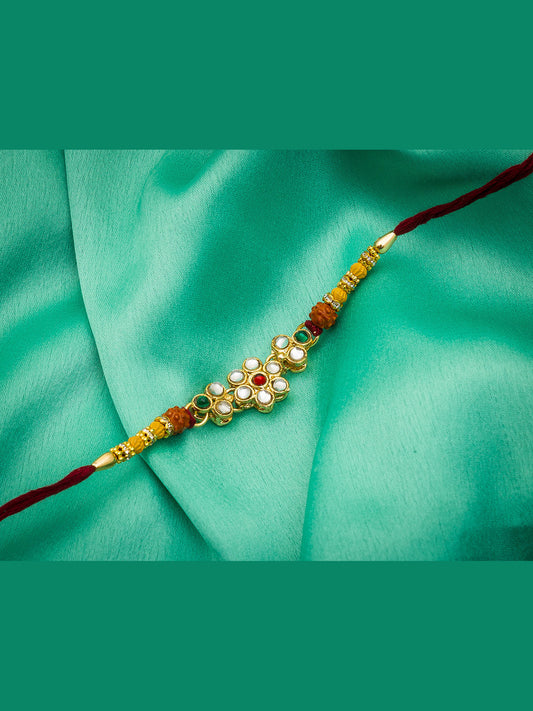 Aadita Floral Kundan Rakhi with Rudraksh & Red Thread